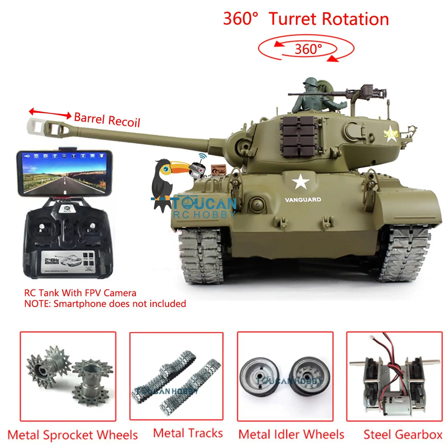 Henglong 1/16 Scale Radio Control Tank 3838 M26 Pershing w/ FPV Barrel Recoil 360Degrees Rotating Turret Barrel Recoil Metal Road Wheels