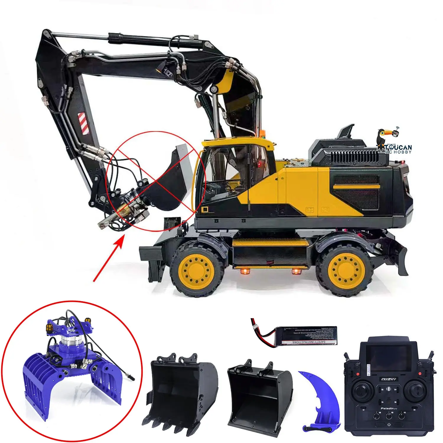 1:14 RC Hydraulic Digger Metal 3-Arm EC380 Wheeled Remote Controlled Excavators Grab Tiltable Clamshell Bucket Simulation Model
