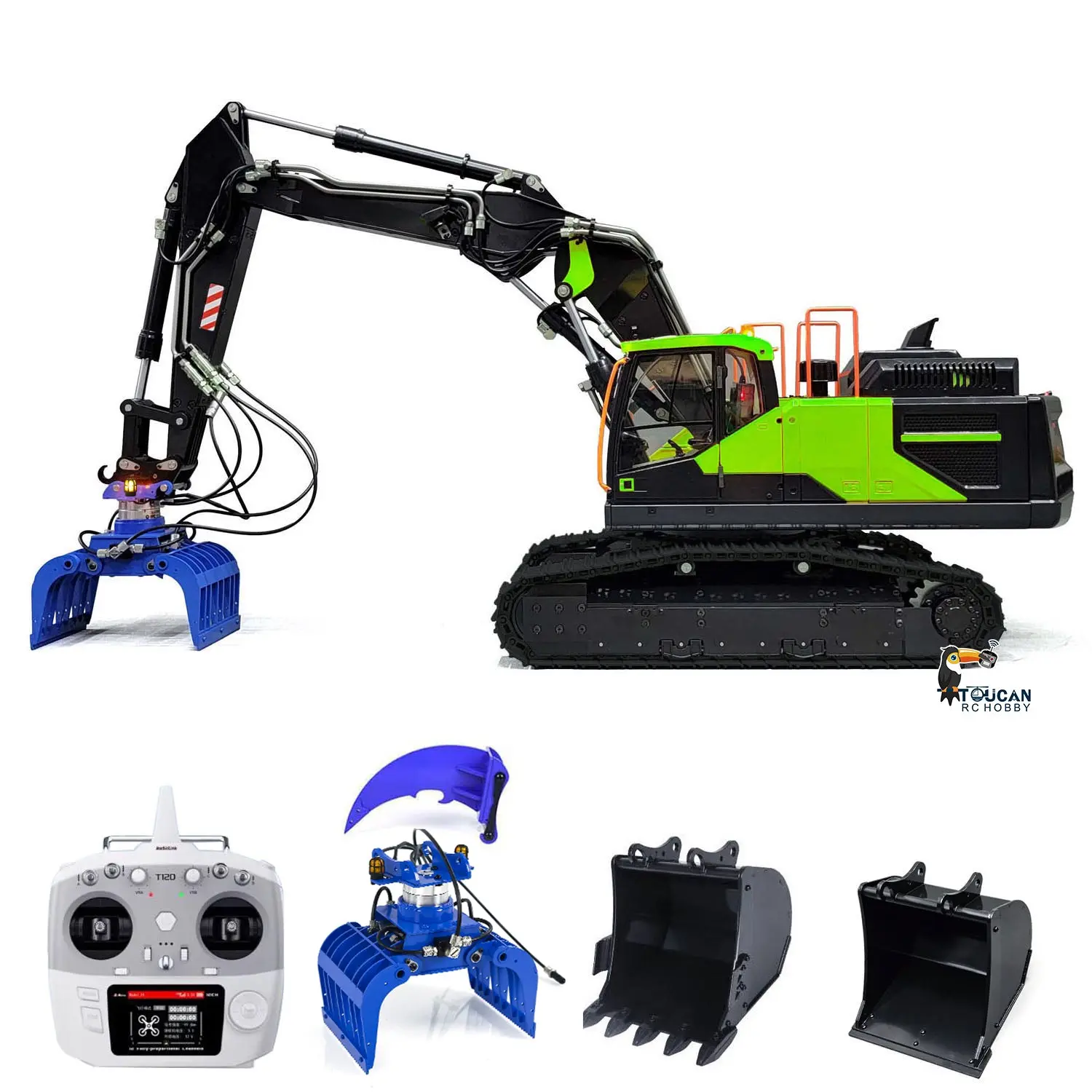 MTM 1/14 EC380 10CH Tracked RC Hydraulic Excavator 3 Arms Digger Grab T12D Remote Controller Metal Heavy Machine Model