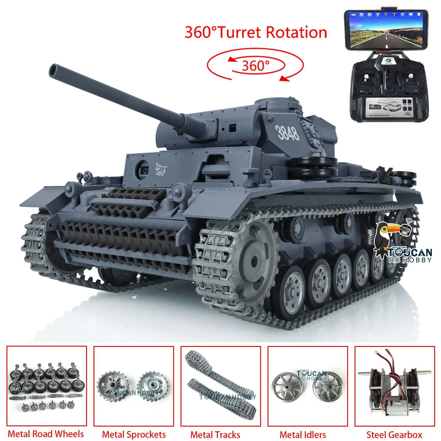 Henglong 1/16 RTR RC Tank 3848 7.0 Customized Panzer III L w/ 360Degrees Rotating Turret FPV Metal Tracks Road Wheels Smoking Gearbox