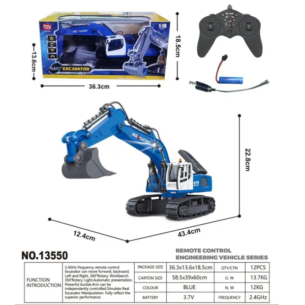 HUINA 1/18 RC Toys Gift 13550 Remote Control Excavator 11CH 350?? Rotation RC Digger 2.4G Radio Battery Light Sound USB Charger