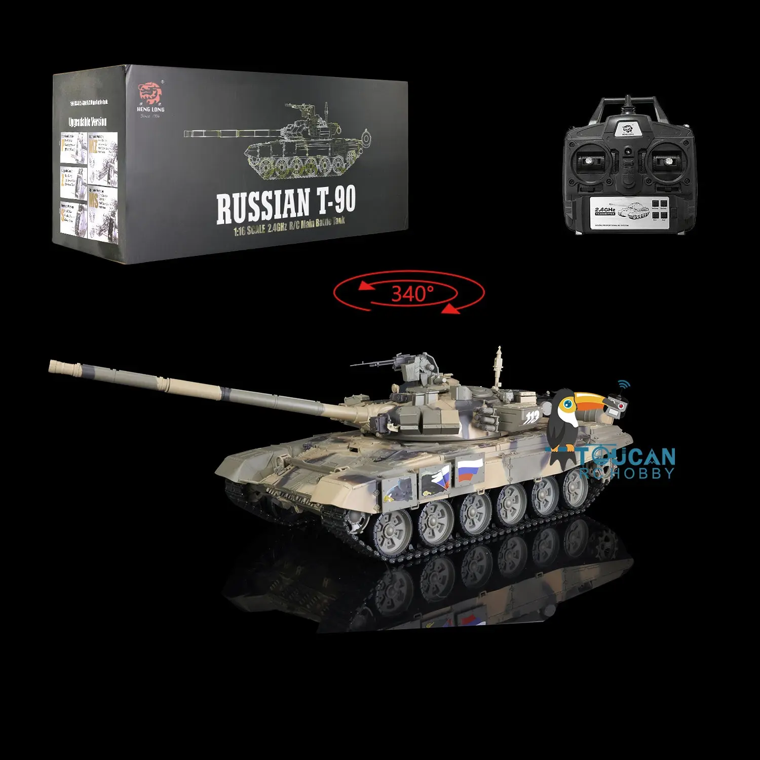 2.4Ghz Henglong 1:16 Scale 7.0 Plastic Ver Russian T90 RTR RC Tank 3938 Model 340 Turret Radio Controller Speaker