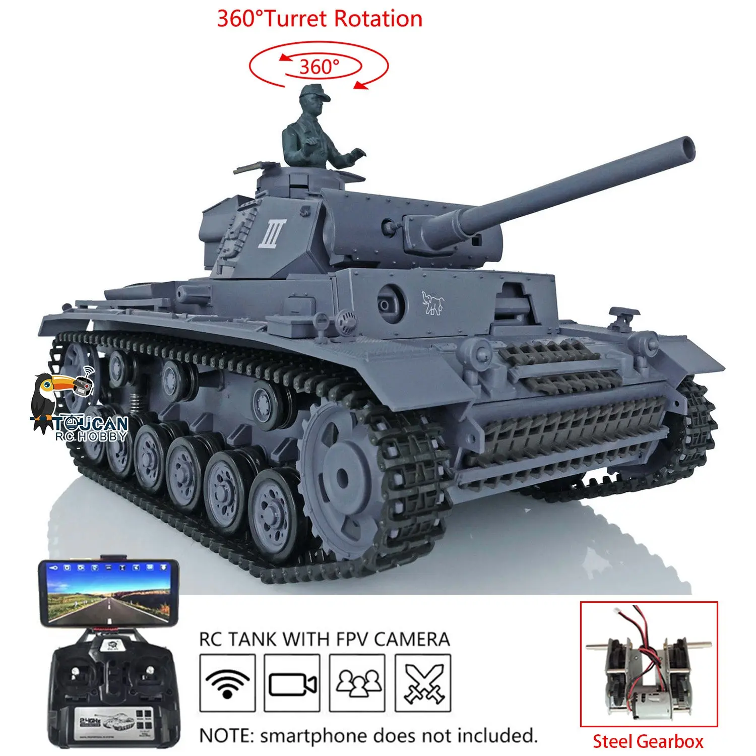 Henglong 1/16 RC Tank 7.0 Plastic Panzer III L 3848 Remote Control Tank w/ 360Degrees Rotating Turret FPV Steel Gearbox Smoking