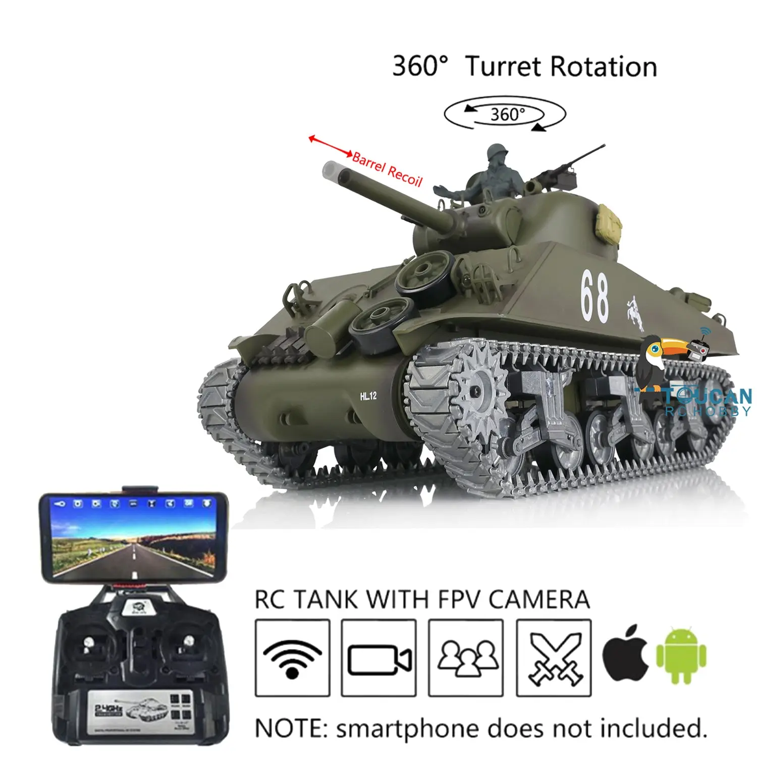 Henglong 1/16 Customized 7.0 M4A3 Sherman RC Tank 3898 w/ 360Degrees Rotating Turret FPV Barrel Recoil Metal Road Wheels Tracks Idler