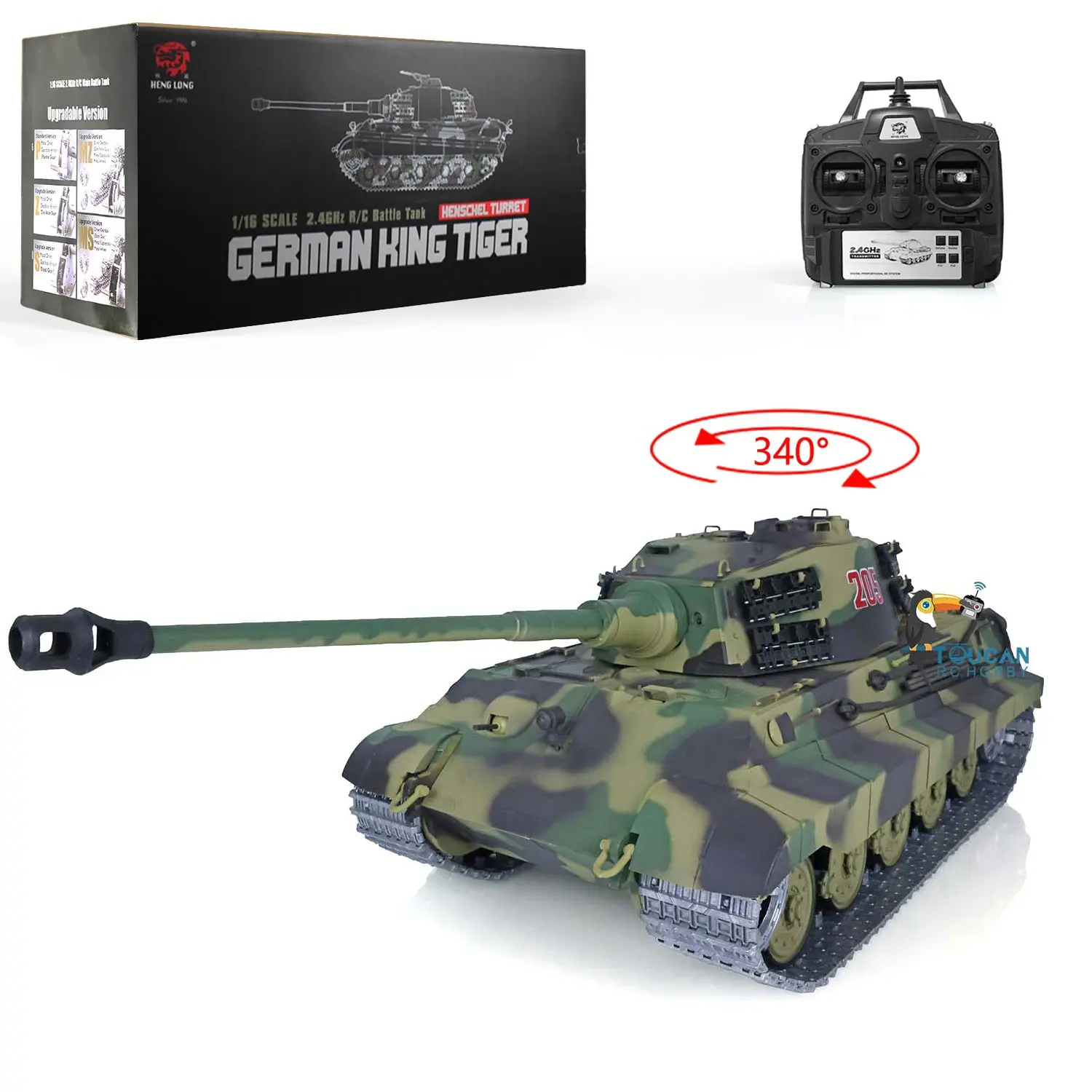 2.4Ghz Henglong 1:16 7.0 German King Tiger RTR RC Tank 3888A Model Metal Tracks 340 Degree Turret Steel Driving Gearbox