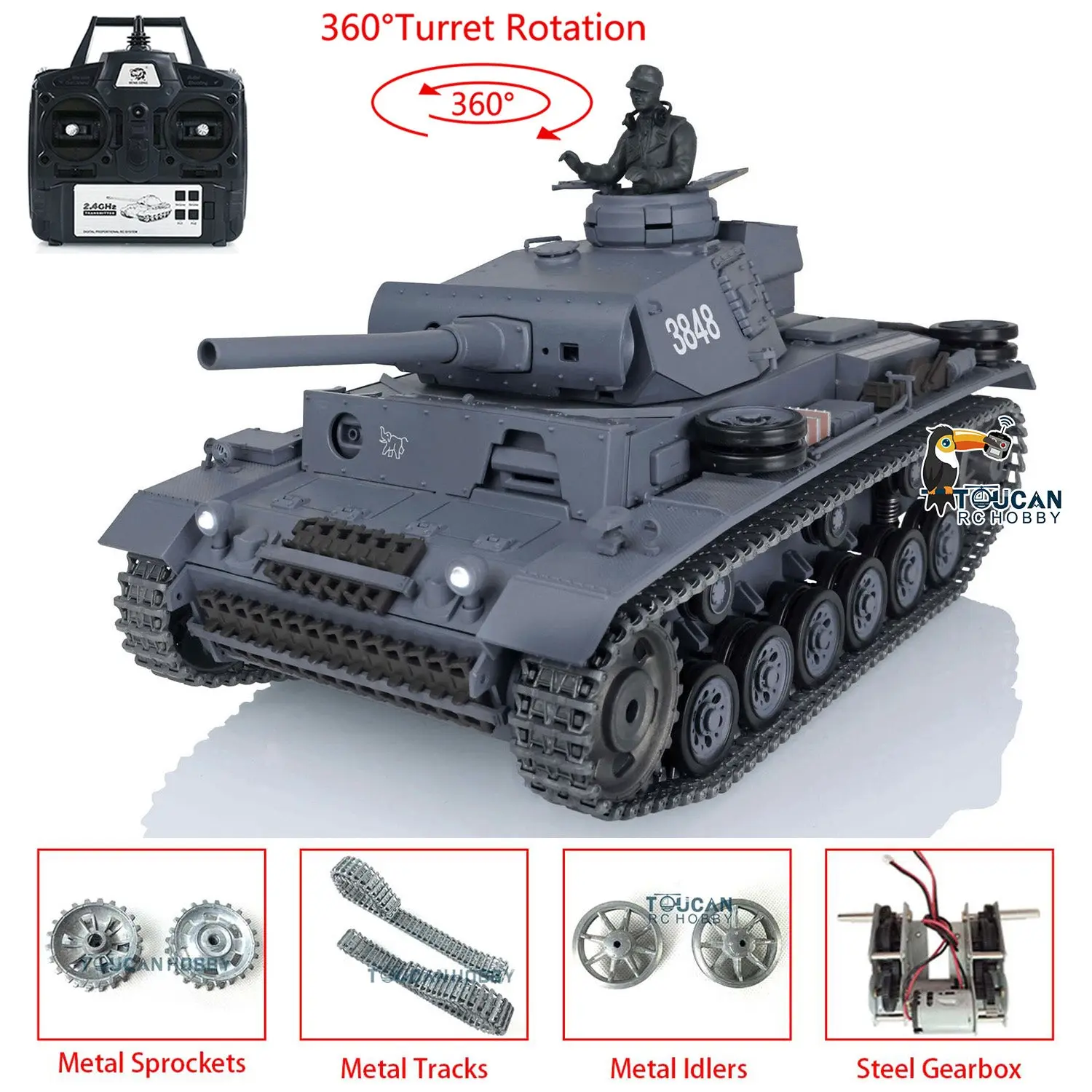 Henglong 1/16 Upgraded German Tank 3848 RC Tank Panzer III L 7.0 w/ 360Degrees Rotating Turret 2 Sounds for Radio Control Tank for