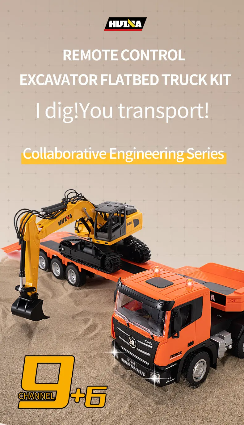 1:18 Huina 2.4G 1319 RC Tractor Truck RTR Remote Controlled Excavator with Flatbed Trailer Assembled and Painted