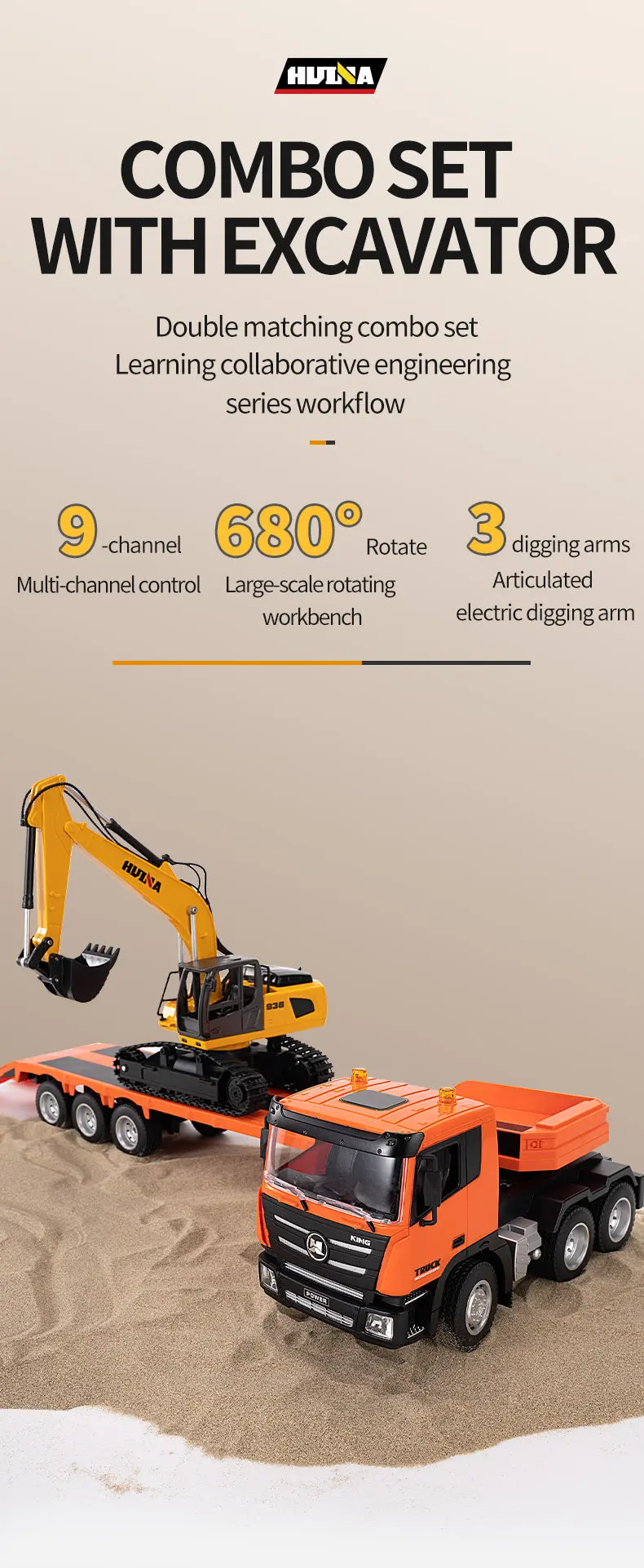 1:18 Huina 2.4G 1319 RC Tractor Truck RTR Remote Controlled Excavator with Flatbed Trailer Assembled and Painted