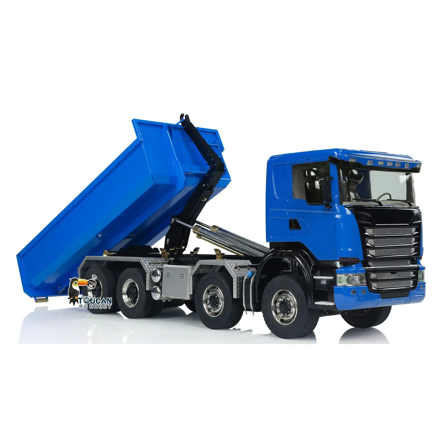 1:14 8x8 RC Hydraulic Roll On Off Dump Truck Radio Controlled Tipper Car Sounds Lights U-shaped Short High Bucket Timber Flatbed