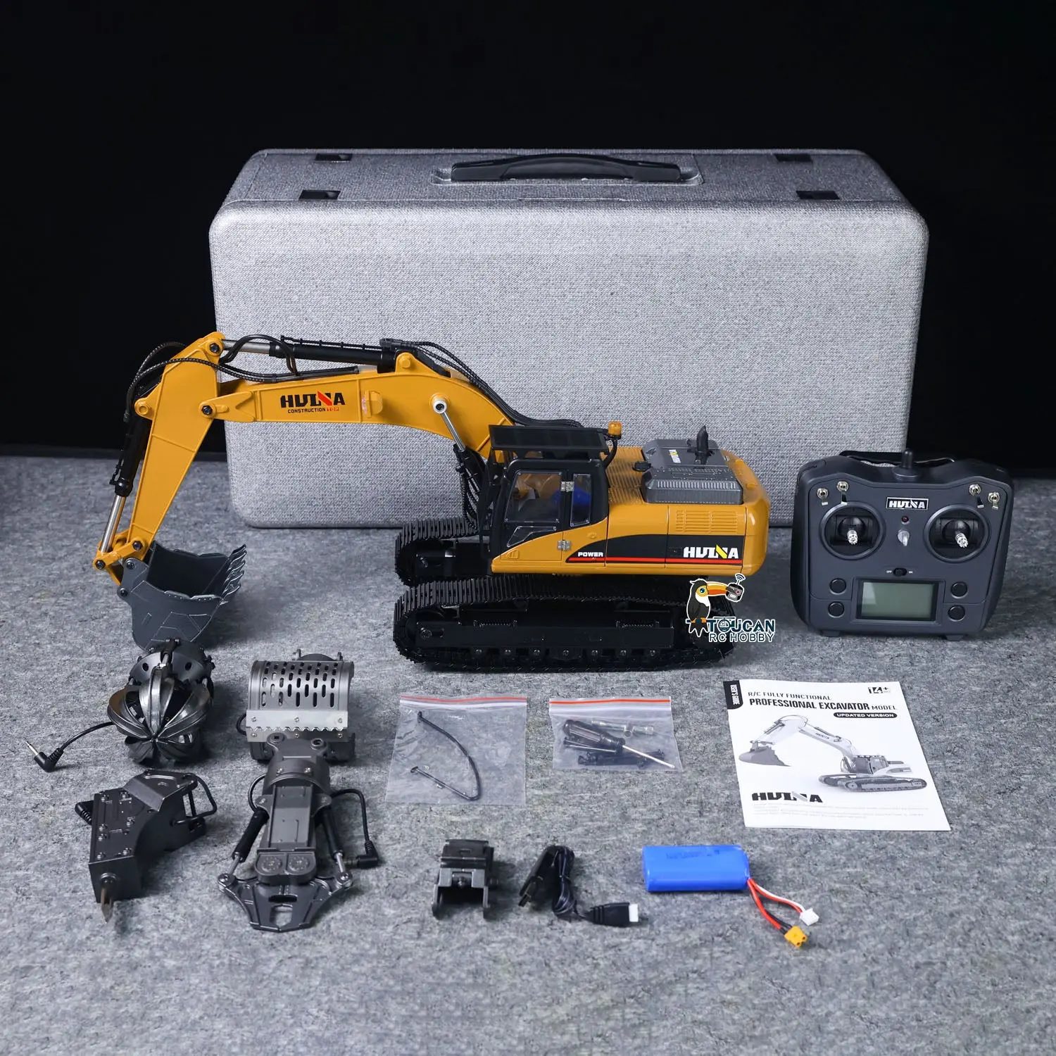 HUINA New Upgrade 580 1/14 Metal Excavator Model Engineering Vehicle Electric Ball Grabber 360 Rotating Shear Claw Sound Lights