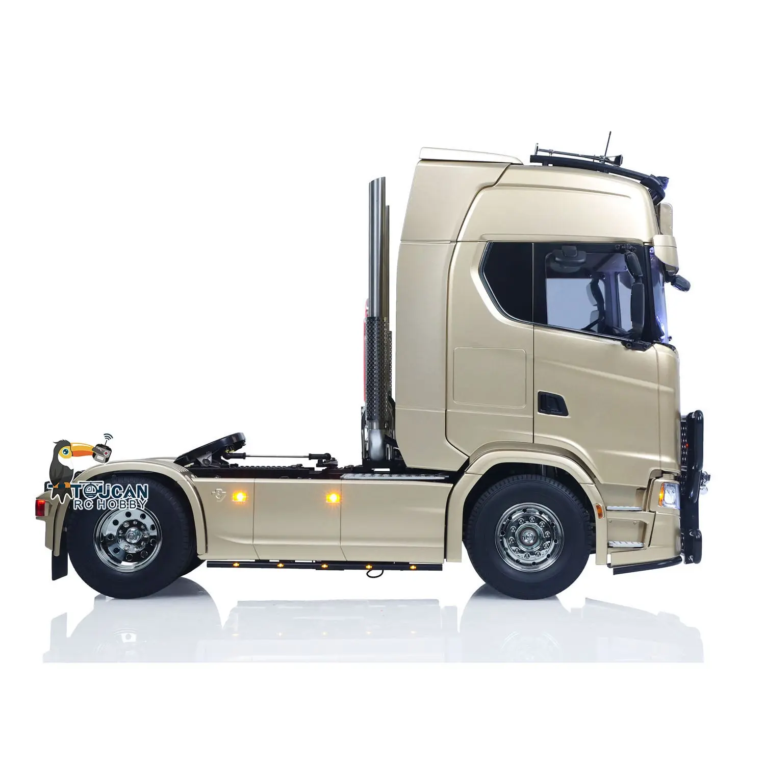 Plastic 1/14 RC Tractor Truck 56379 Remote Control Construction Vehicle Customized by Toucanhobby 4X2 Chassis 3Speed Gearbox Flowing Water Light Smoke Unit ST8 Radio RTR