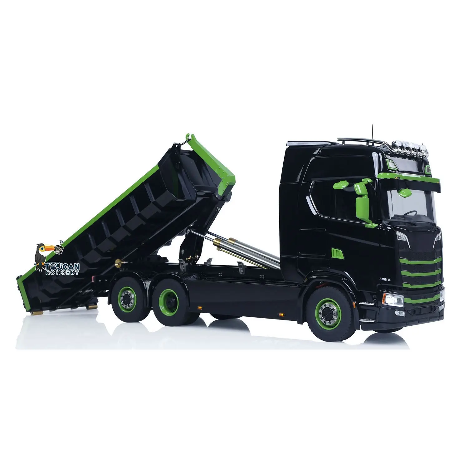 1/14 6x6 Metal Hydraulic RC Dumper Car 770S G66 Radio Control Roll Off Full Dump Truck Standard Bucket Rear Axle Lifting 3-speed Transmission Light Sound FlySky ST8