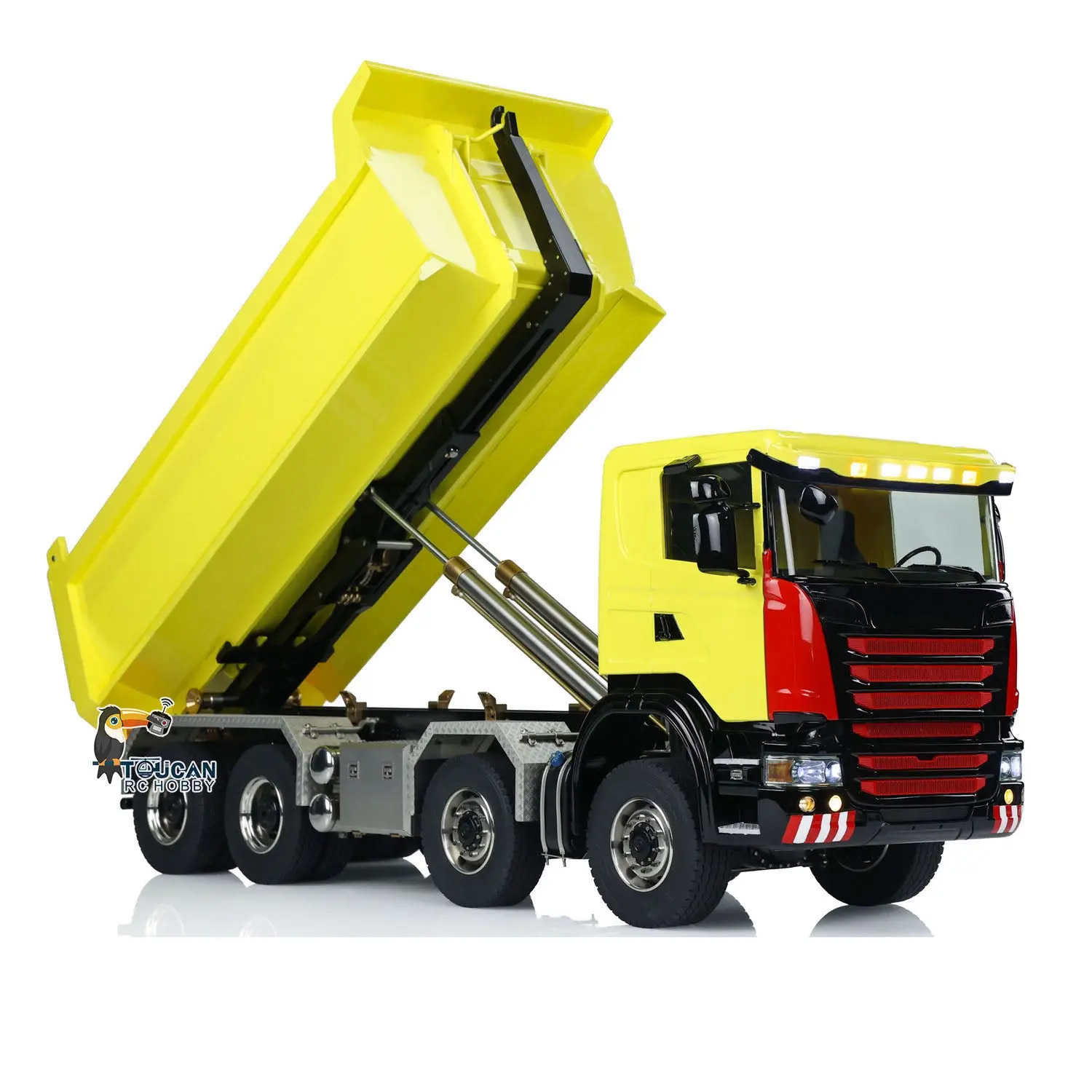 Metal 1/14 8x8 Hydraulic RC Roll Off Dumper Truck Engineering Vehicle Model Differential Lock Axles 3Speed U-shaped High Bucket