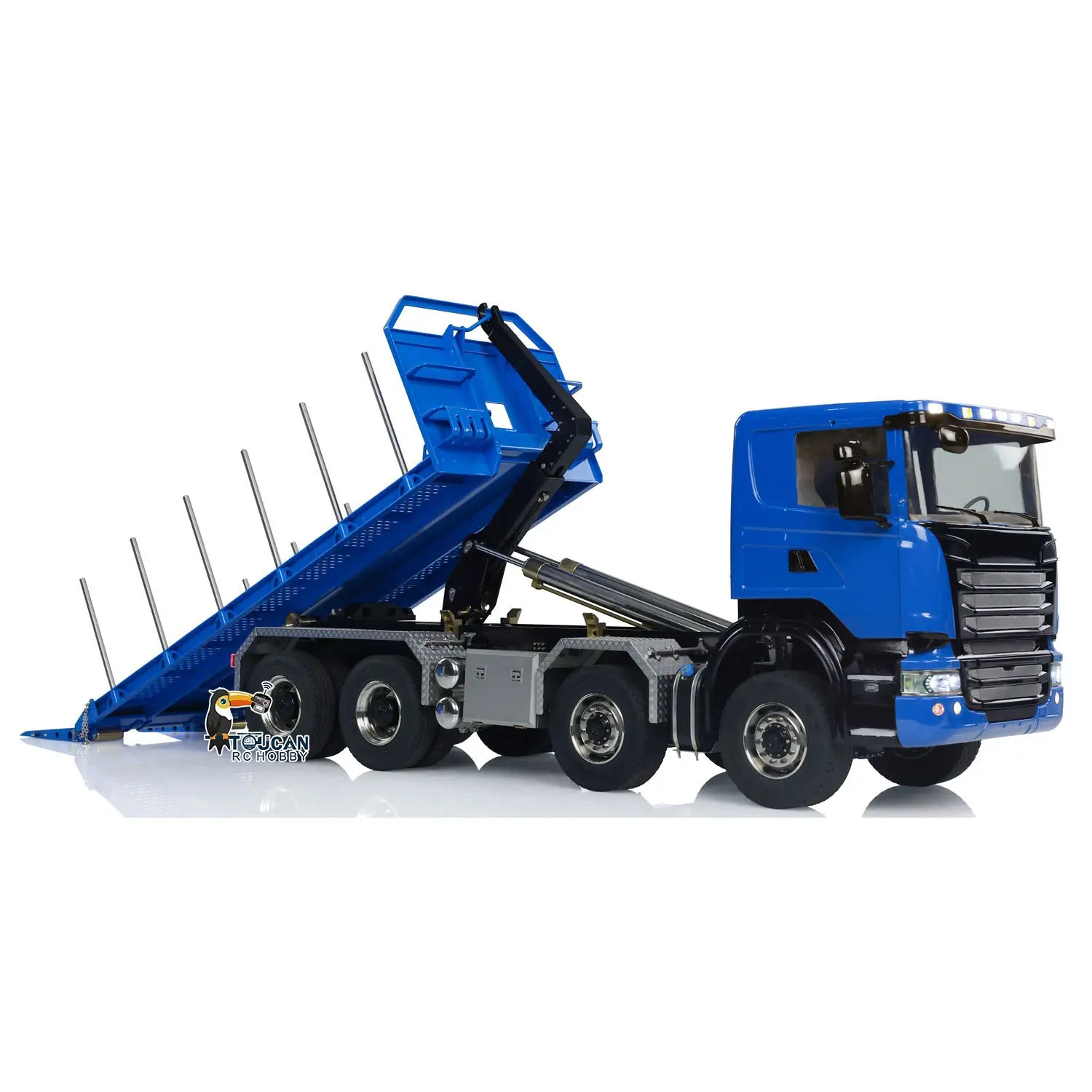 1:14 8x8 RC Hydraulic Roll On Off Dump Truck Radio Controlled Tipper Car Sounds Lights U-shaped Short High Bucket Timber Flatbed