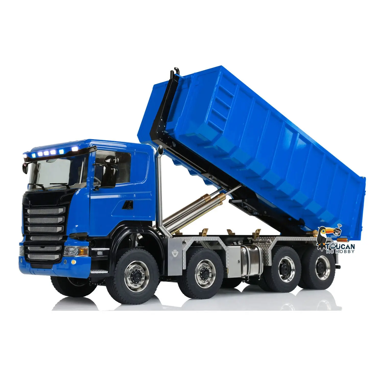 1:14 8x8 RC Hydraulic Roll On Off Dump Truck Radio Controlled Tipper Car Sounds Lights U-shaped Short High Bucket Timber Flatbed