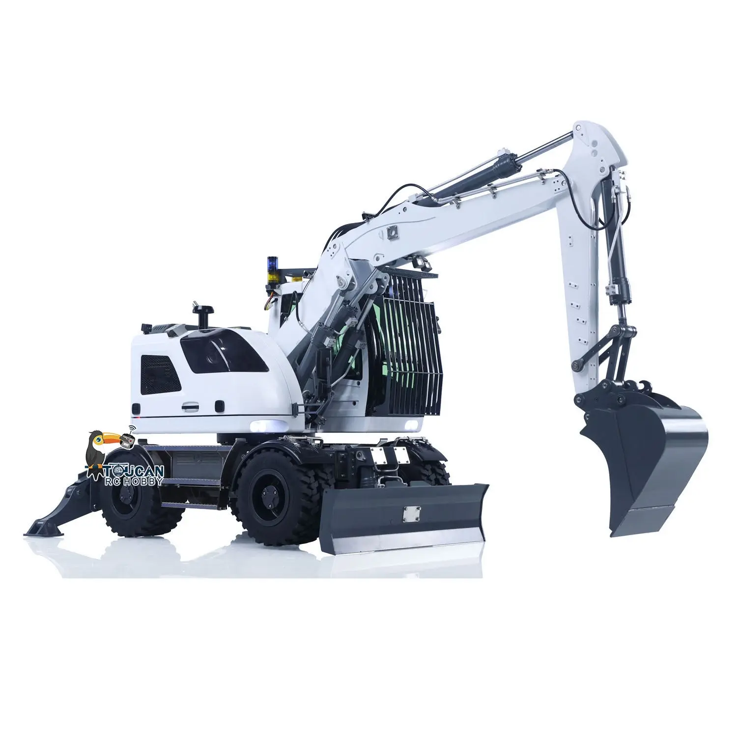 1:14 Metal RC Hydraulic Wheeled Excavator LR914 4*4 3-arms Digger Engineering Vehicle RTR Axle Lock Upgrade Brushless Motor 8-ways Valve PL18EV Lite Radio Controller Light Sound
