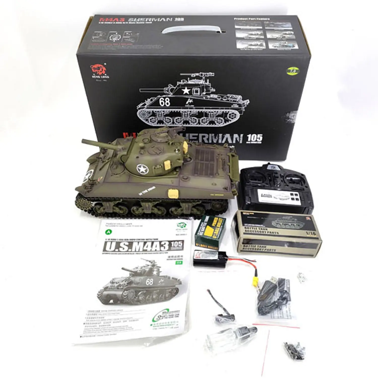 Plastic Henglong 1/16 7.0 RC Tank M4A3 Sherman 3898 320 Degrees Turret Barrel Recoil BB IR Smoking Steel Gearbox Battery 2.4G Radio