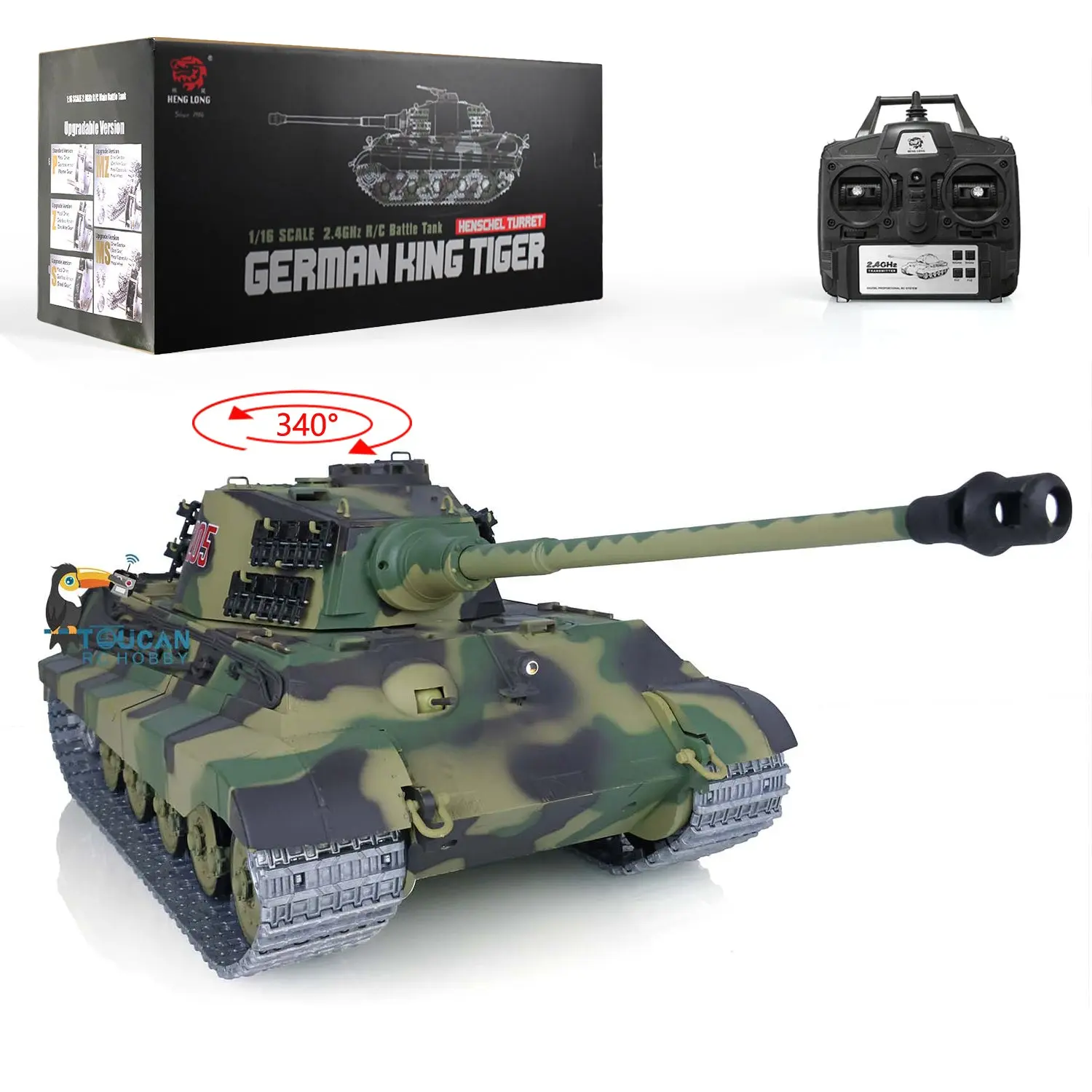 2.4Ghz Henglong 1:16 7.0 German King Tiger RTR RC Tank 3888A Model Metal Tracks 340 Degree Turret Steel Driving Gearbox