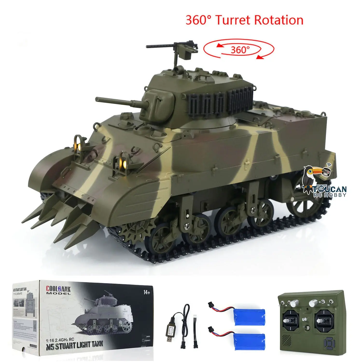 1/16 RC Tank US M5A1 Stuart VI Remote Control RTR Light Tank 360 Smoking Radio System Barrel Recoil Light Flash Two Battery