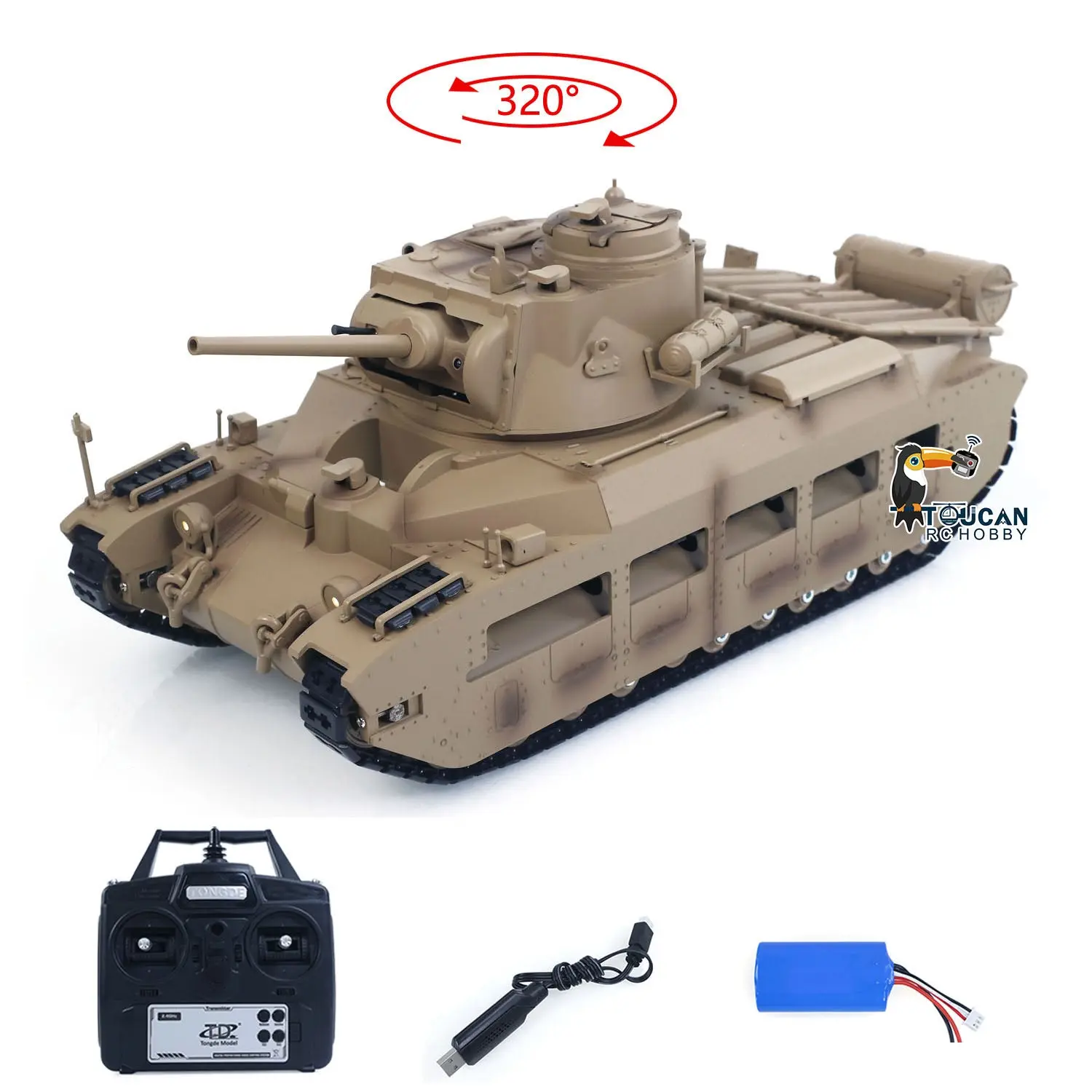 Tongde 1/16 Remote Control Military Tank Matilda III IV Turret Rotation 320 Degree IR Lights Sounds RC Electric Model Smoke Unit