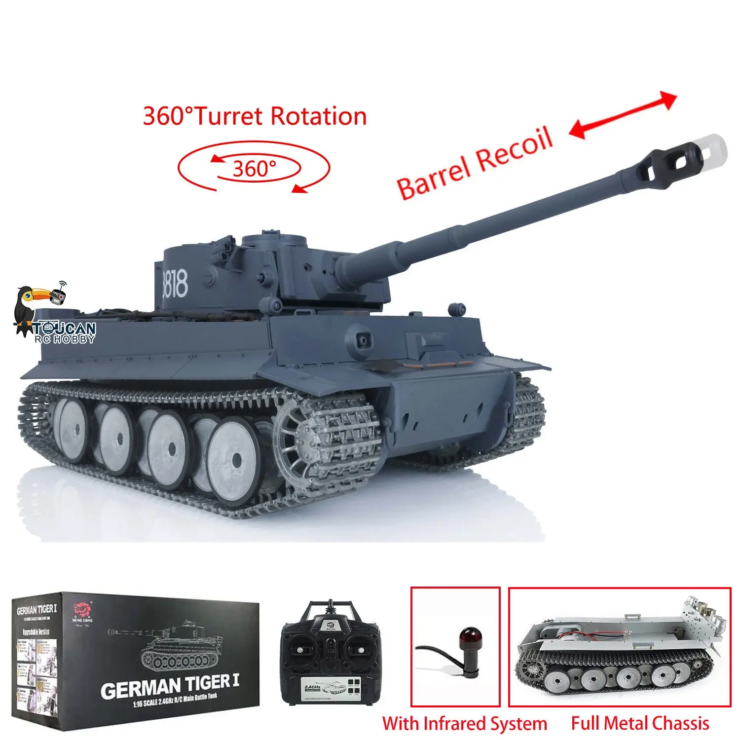 HengLong Factory 1/16 3818 German Tiger 1 Full Metal Chassis Plastic Upper Hull RTR RC Tank Speaker 360Degrees Turret Smoke Gearbox