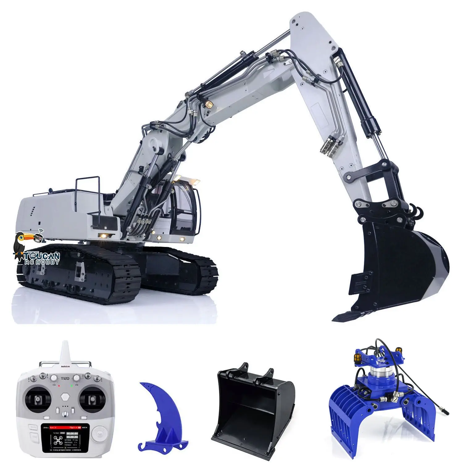 MTM 1/14 946-3 10CH RC Tracked Hydraulic Excavator 3 Arms Metal Diggers Assembled Painted Model Ripper Grab Bucket Toy ESC