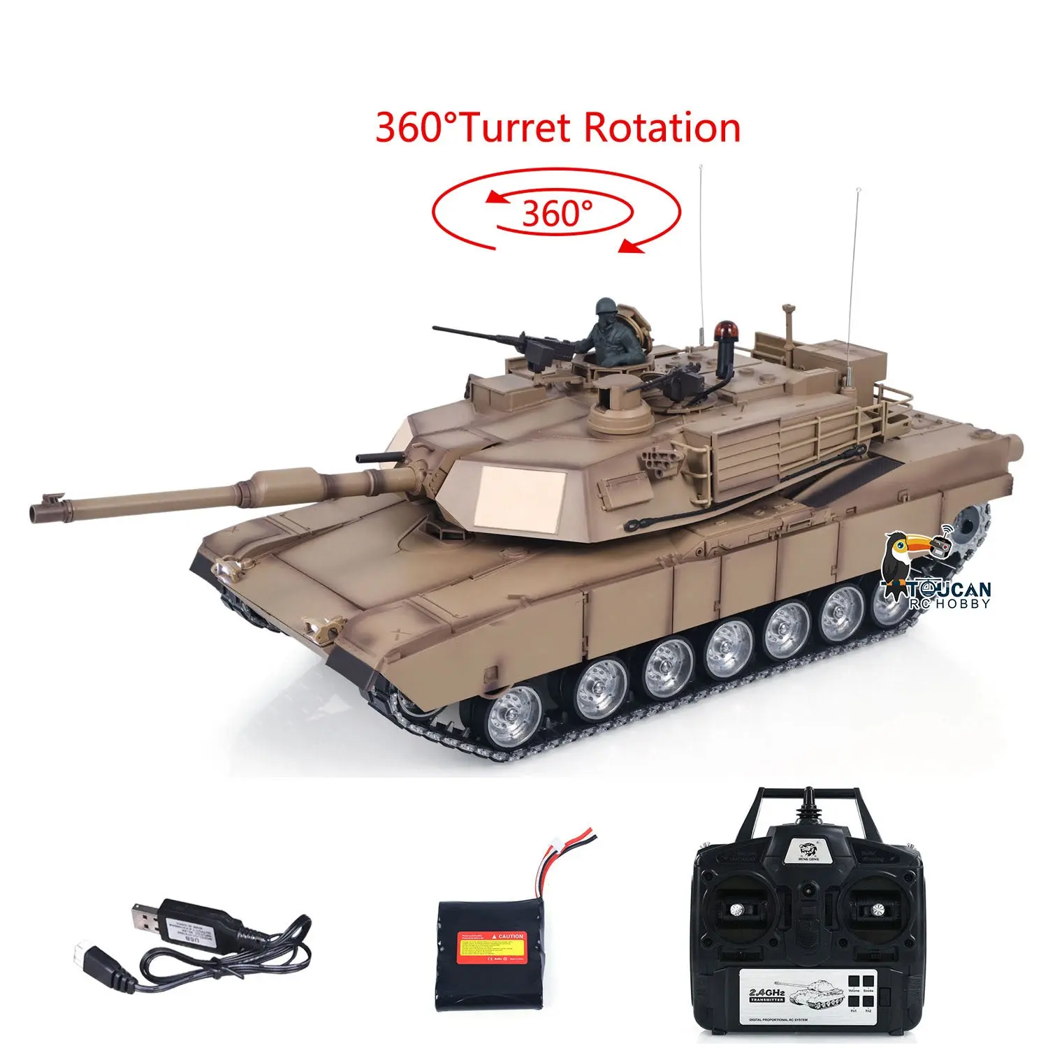 1/16 RC Main Battle Tank Abrams M1A2 Metal Chassis Wheels Steel Gearbox Turret 360 Rotation Barrel Recoil Elevation Battery