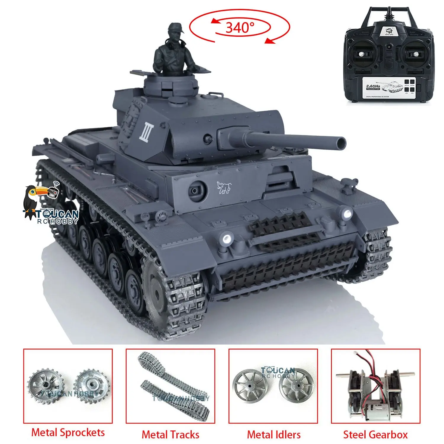 Henglong Upgraded German Tank 3848 RC Tank Panzer III L 7.0 1/16 W/ Metal Sprockets Idlers 2 Sounds for Radio Control Tank