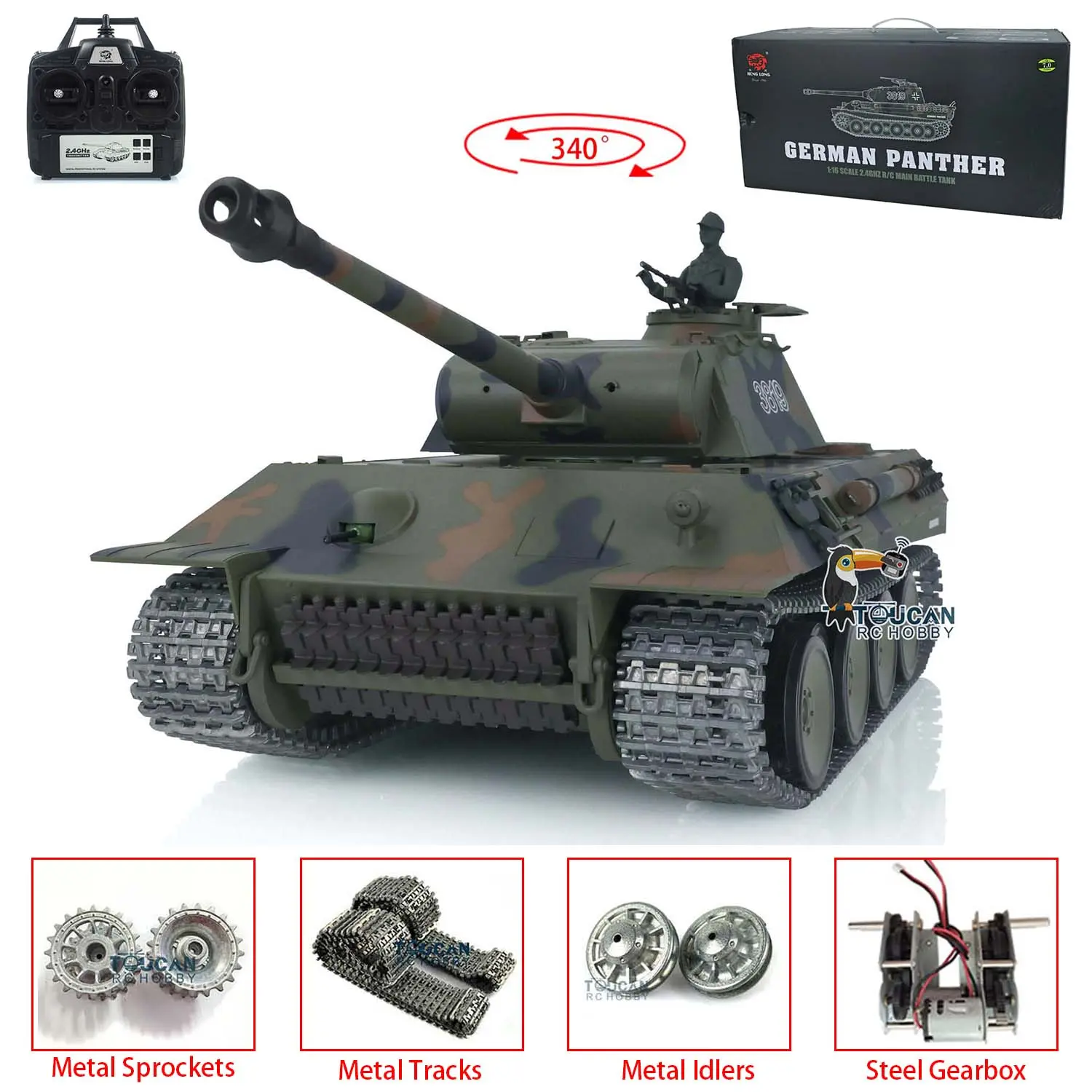 2.4G Henglong 1/16 7.0 3819 German Panther RTR RC Tank Radio Controlled Model W/ Sprocket Idler Wheels Infrared Receiver