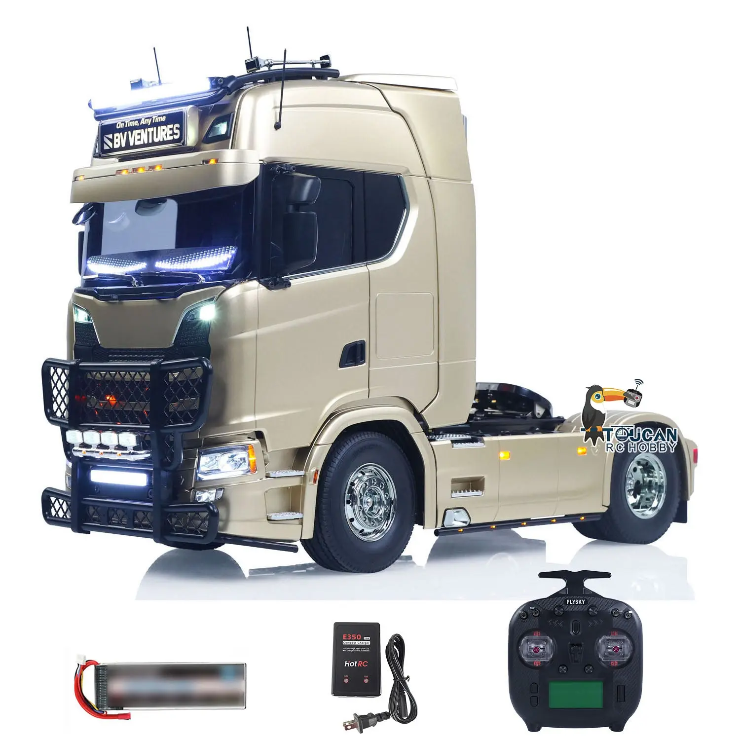 Plastic 1/14 RC Tractor Truck 56379 Remote Control Construction Vehicle Customized by Toucanhobby 4X2 Chassis 3Speed Gearbox Flowing Water Light Smoke Unit ST8 Radio RTR