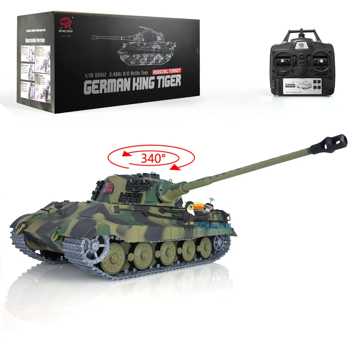 2.4Ghz Henglong 1:16 7.0 German King Tiger RTR RC Tank 3888A Model Metal Tracks 340 Degree Turret Steel Driving Gearbox