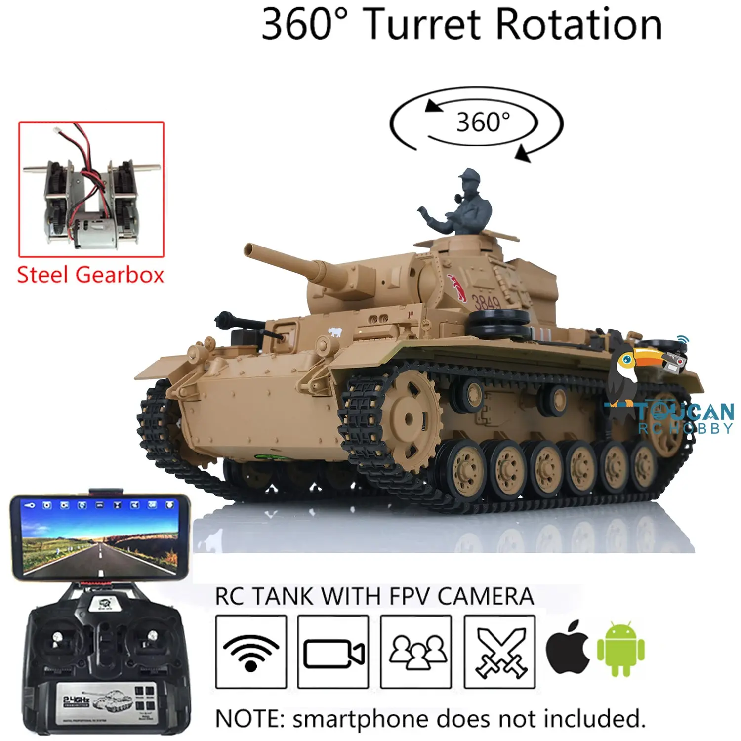 Henglong 1/16 7.0 Plastic Panzer III H FPV RC Tank 3849 Gearbox 360 Degrees Turret