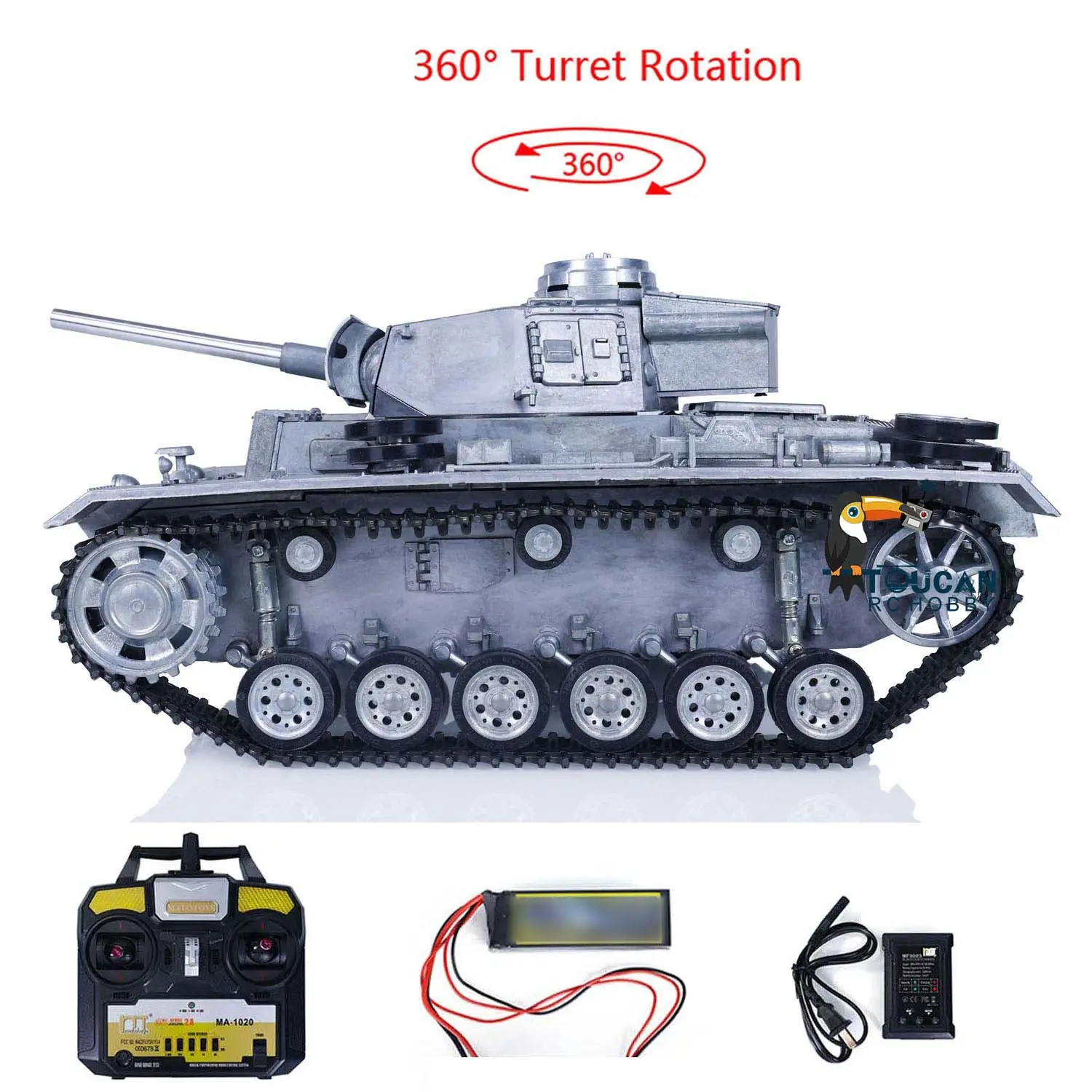 Mato 100% Metal 1/16 German Panzer III BB Shooting RTR Radio Control Tank Ready-To-Run 1223 2.4G Main Board Charger Receiver 360Degrees