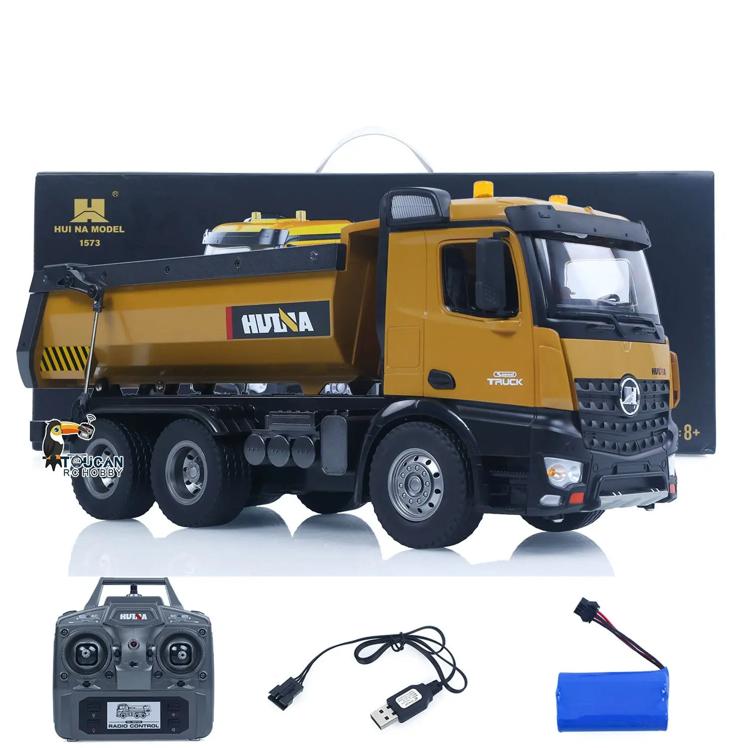 HUINA 1/14 Electric RC Dump Truck 573 Remote Control Tipper Model Vehicle Flowing Water Light Sound Effect 2.4G Radio Battery
