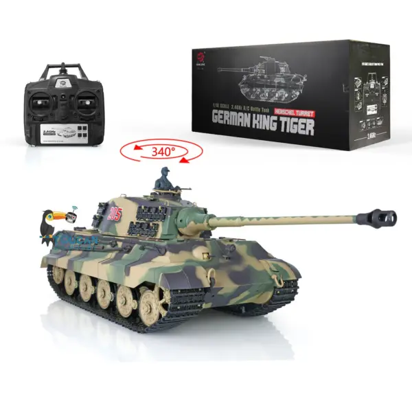 Henglong 1/16 Scale 7.0 German King Tiger RTR RC Tank Model 3888A 340 Degree Turret Smoke Gearbox Plastic Tracks Wheels