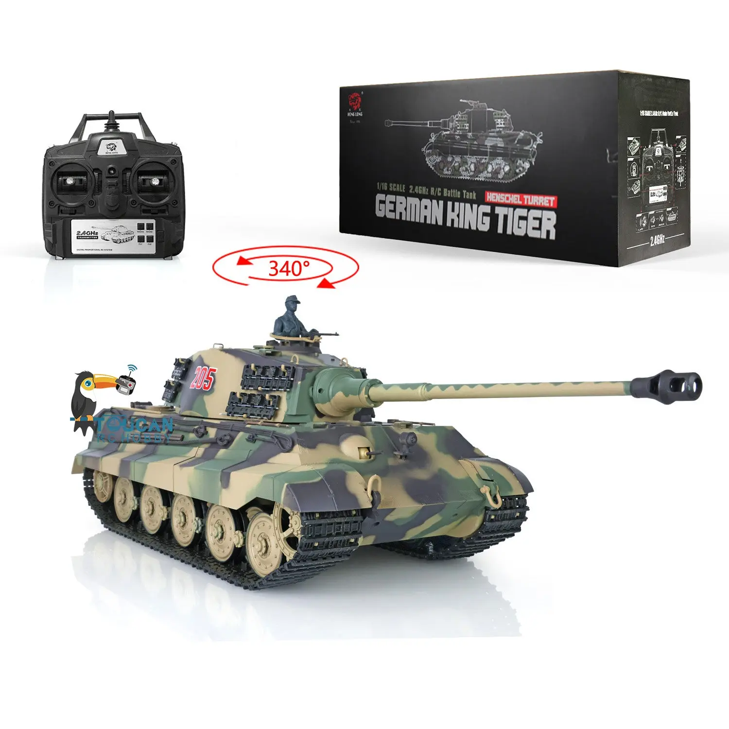Henglong 1/16 Scale 7.0 German King Tiger RTR RC Tank Model 3888A 340 Degree Turret Smoke Gearbox Plastic Tracks Wheels