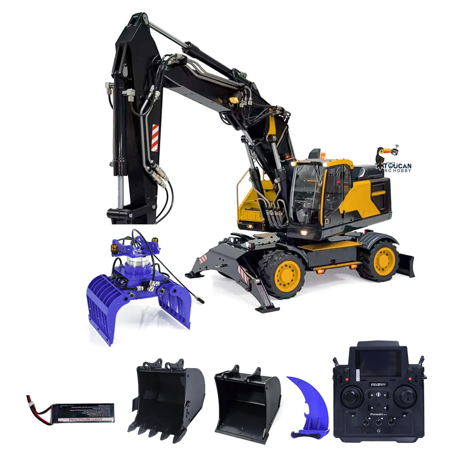 1:14 RC Hydraulic Digger Metal 3-Arm EC380 Wheeled Remote Controlled Excavators Grab Tiltable Clamshell Bucket Simulation Model