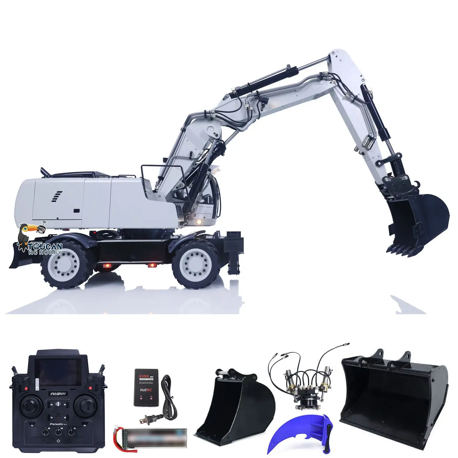 1/14 3-arms RC Hydraulic Excavator R946 Wheeled Metal Remote Control Digger Hobby Model Grab Ripper Tiltable Clamshell Bucket