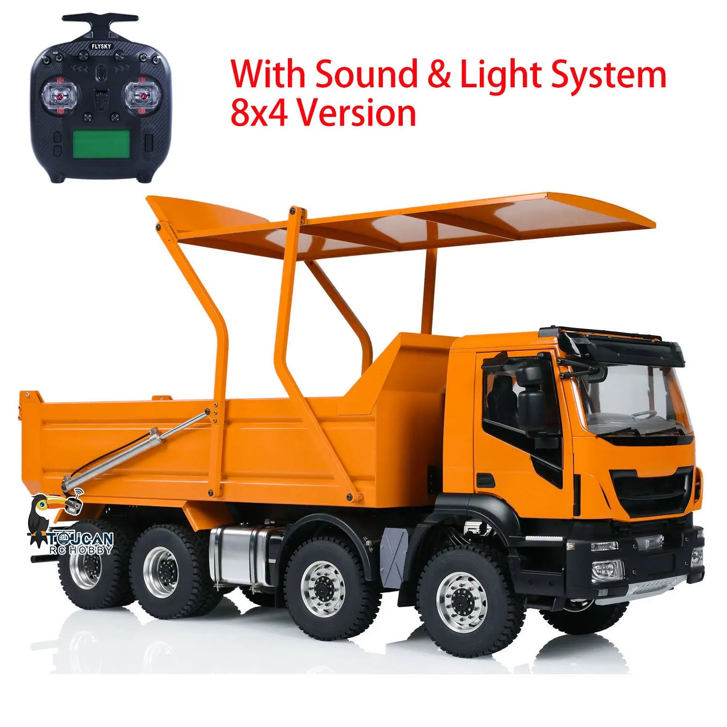 Metal 1/14 8x4 RC Tipper Truck Remote Control Hydraulic Dumper Lorry Car Model Flip-over Cover 2speed Transmission LED Lights Sound System