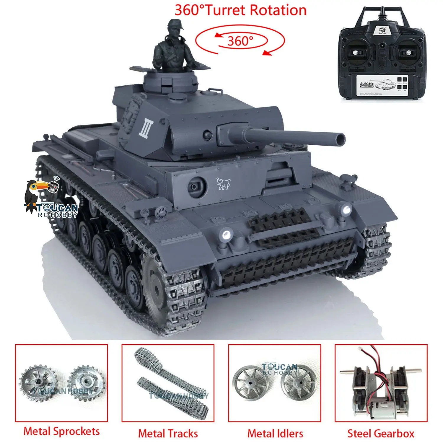 Henglong 1/16 Upgraded German Tank 3848 RC Tank Panzer III L 7.0 w/ 360Degrees Rotating Turret 2 Sounds for Radio Control Tank for
