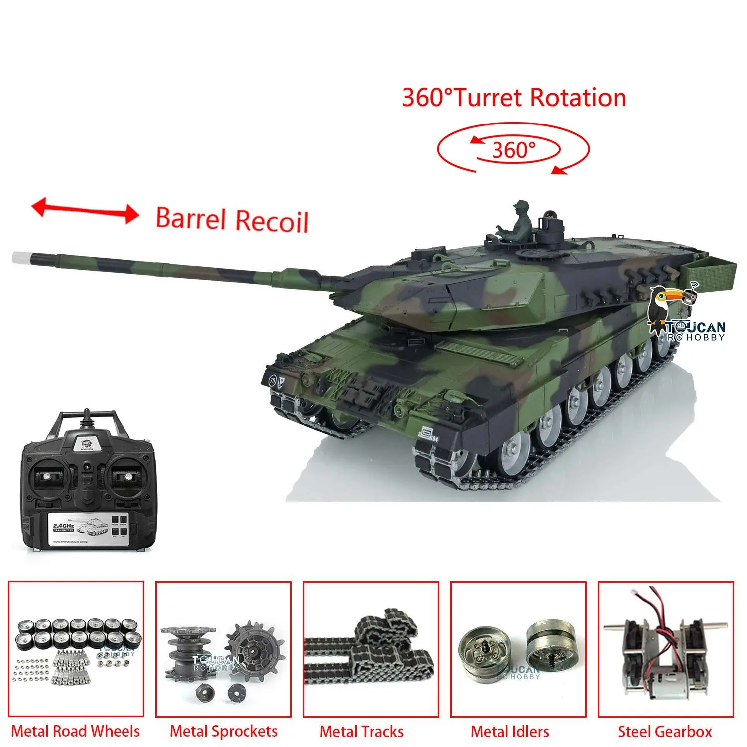 Henglong Military Tank 1/16 TK7.0 Leopard2A6 RC Tank Upgraded 3889 Barrel Recoil 360 Rotating Turret Metal Tracks W/ Rubber Pad