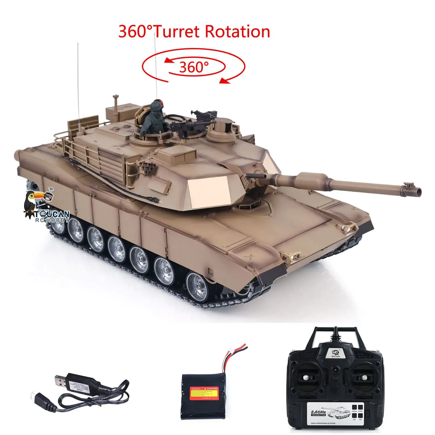 1/16 RC Main Battle Tank Abrams M1A2 Metal Chassis Wheels Steel Gearbox Turret 360 Rotation Barrel Recoil Elevation Battery