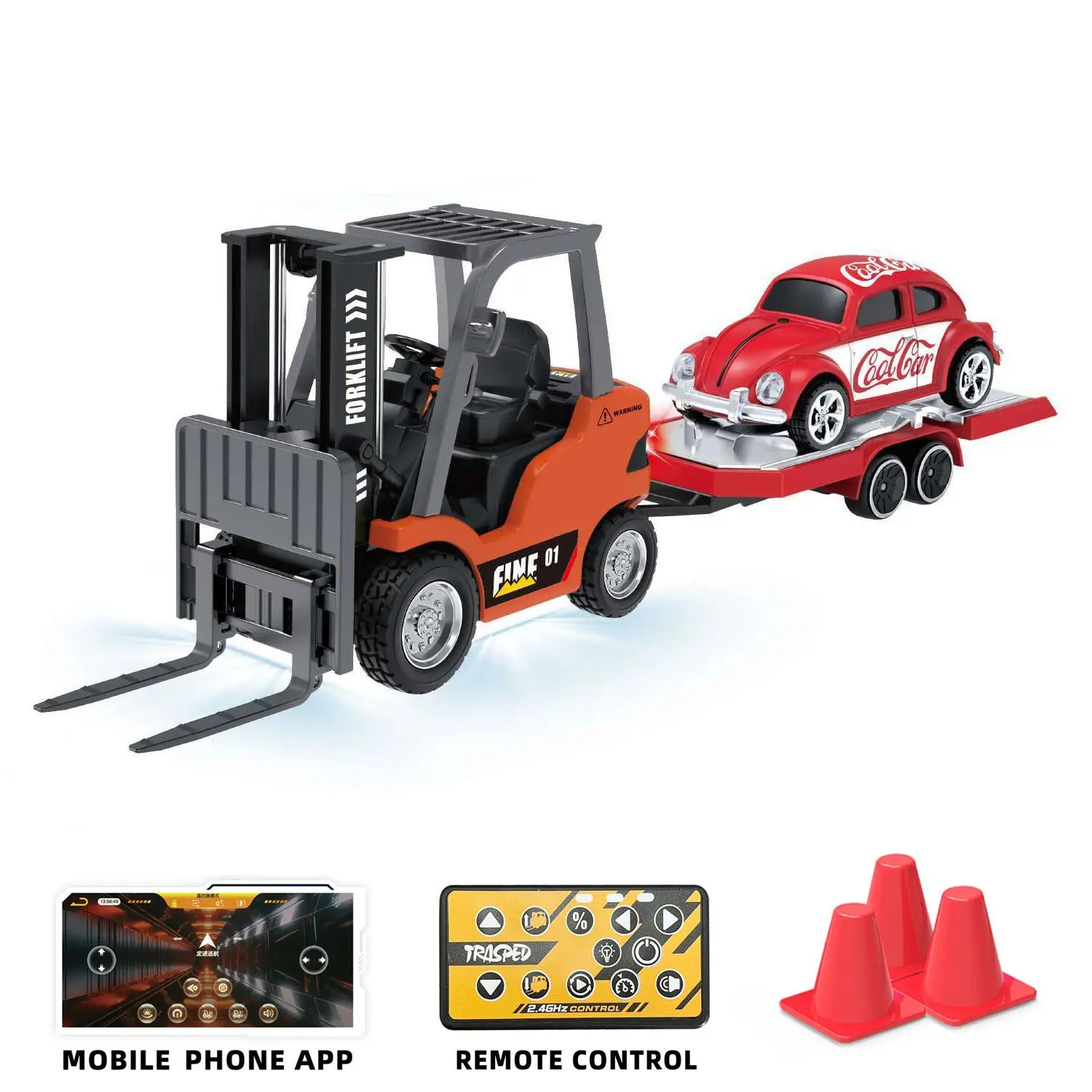 1/64 2.4GHz Remote Control Forklift Half Alloy RC Vehicle Light Sound Effect W/ Mini Trailer Car Tabletop Model Collection Gift