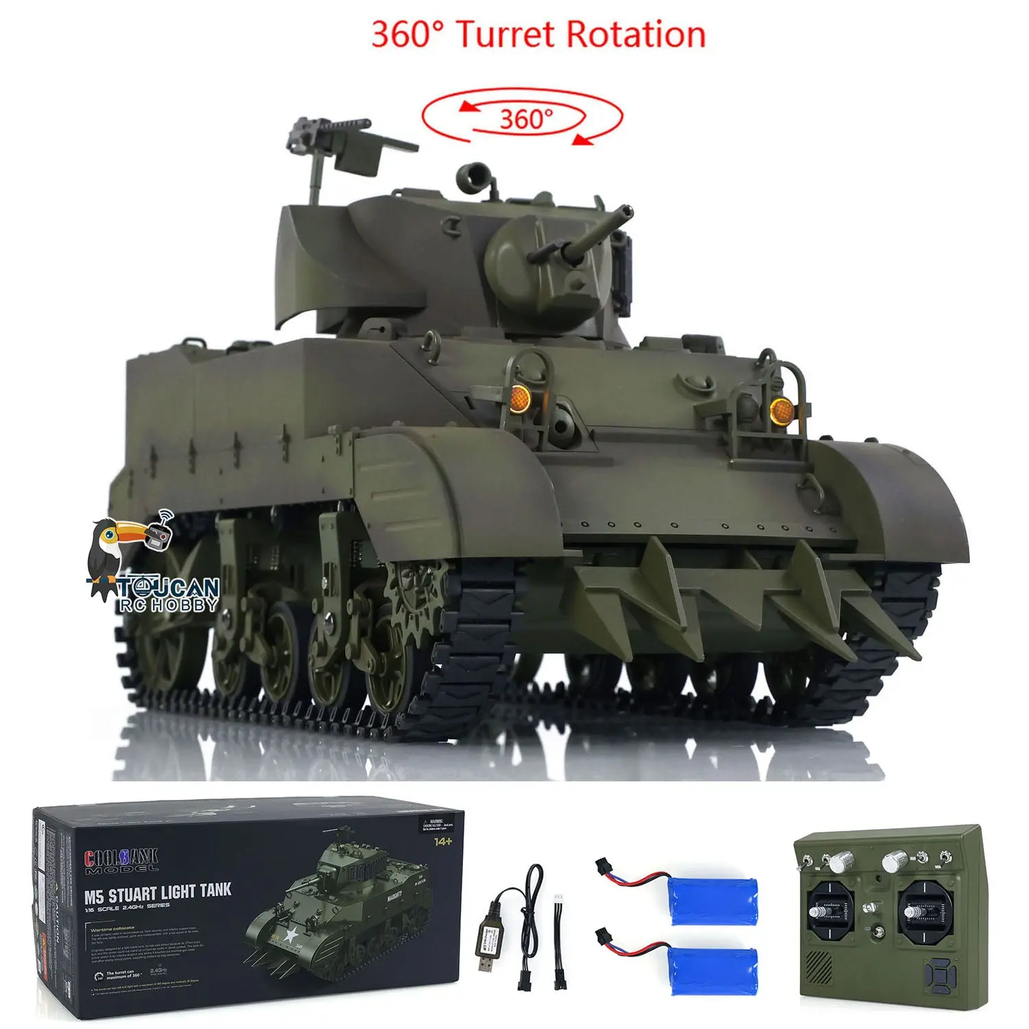 1/16 RC Tank US M5A1 Stuart VI Remote Control RTR Light Tank 360 Smoking Radio System Barrel Recoil Light Flash Two Battery