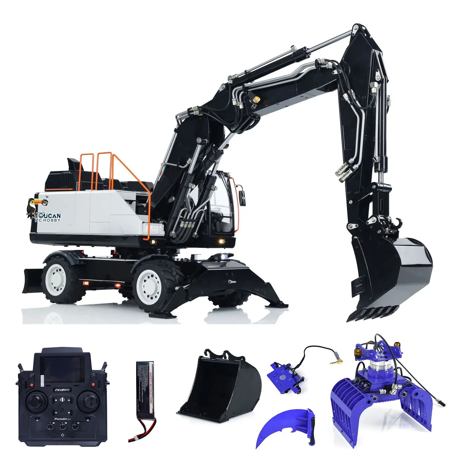 EC380 1/14 RC Hydraulic Excavator Wheeled Construction Vehicle 3-arm Remote Control Diggers Model Grab Tiltable Clamshell Bucket