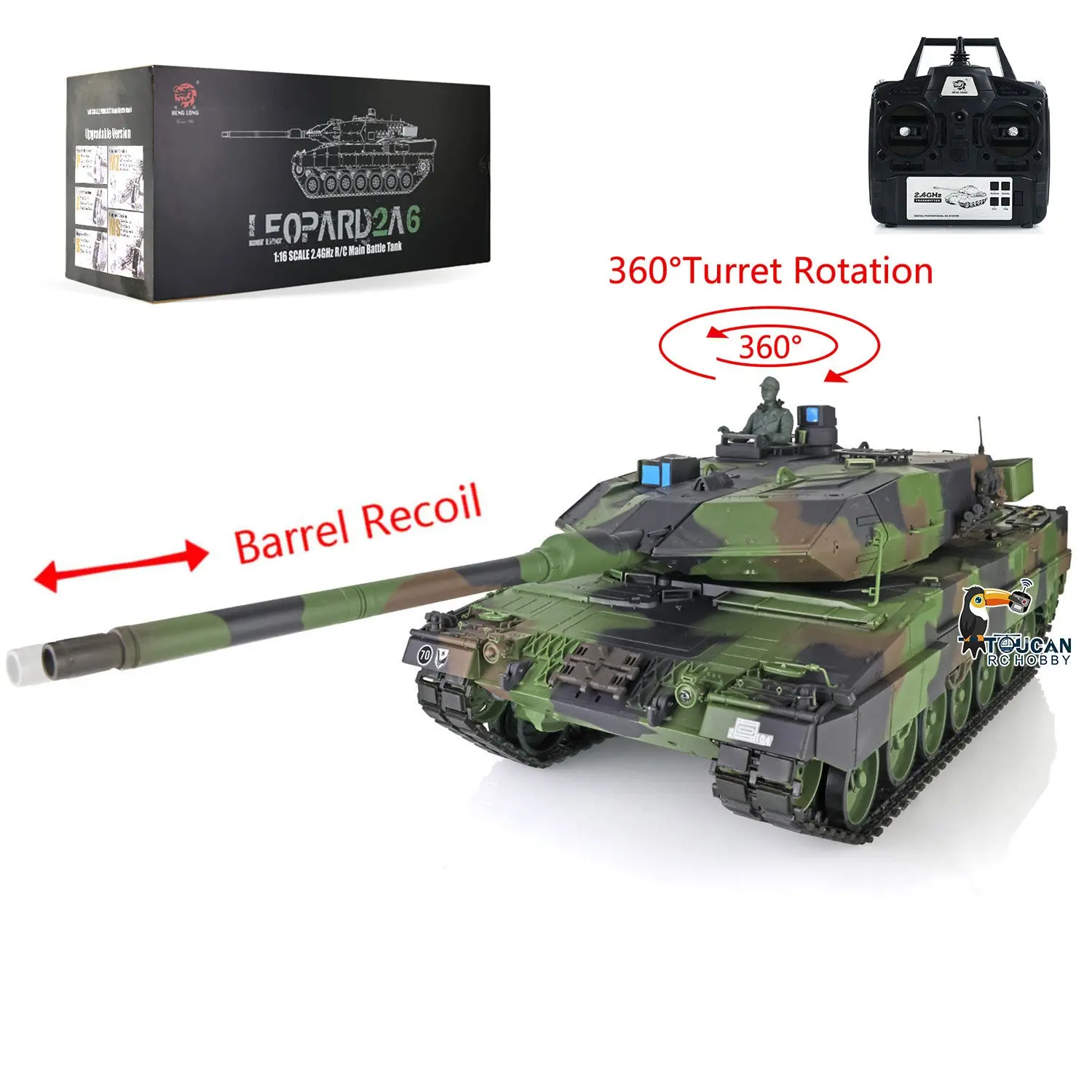 1/16 Heng Long TK7.0 Leopard2A6 RC Main Battle Tank 3889 W/ 360Degrees Rotating Turret Barrel Recoil Airsoft BBs Smoke Light Sound