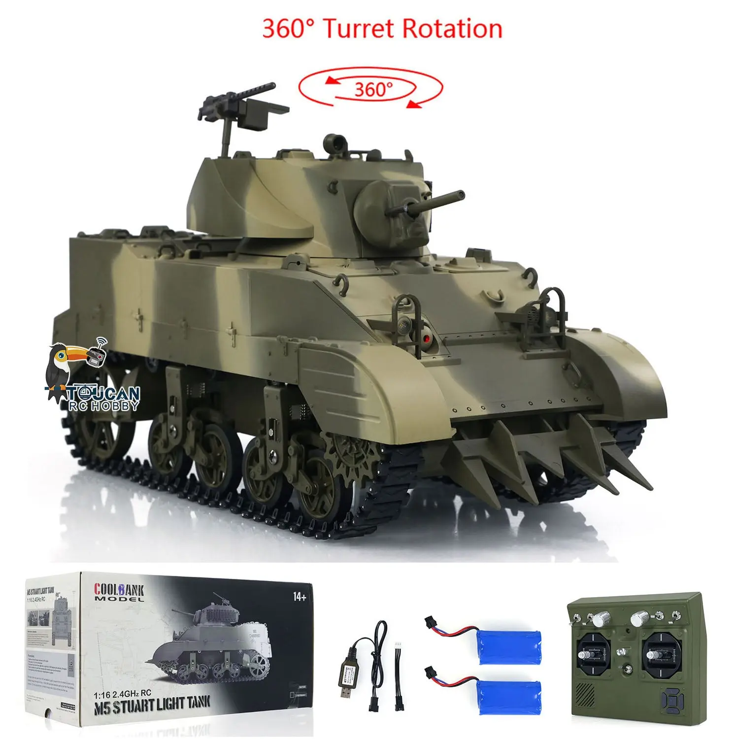 1/16 RC Tank US M5A1 Stuart VI Remote Control RTR Light Tank 360 Smoking Radio System Barrel Recoil Light Flash Two Battery