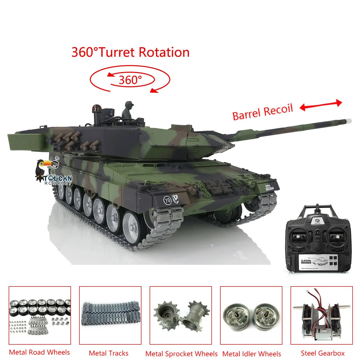 Henglong 1/16 7.0 Customized Leopard2A6 RC Tank 3889 w/ Metal Tracks Road Wheels Barrel Recoil 360Degrees Rotating Turret Engine Sound