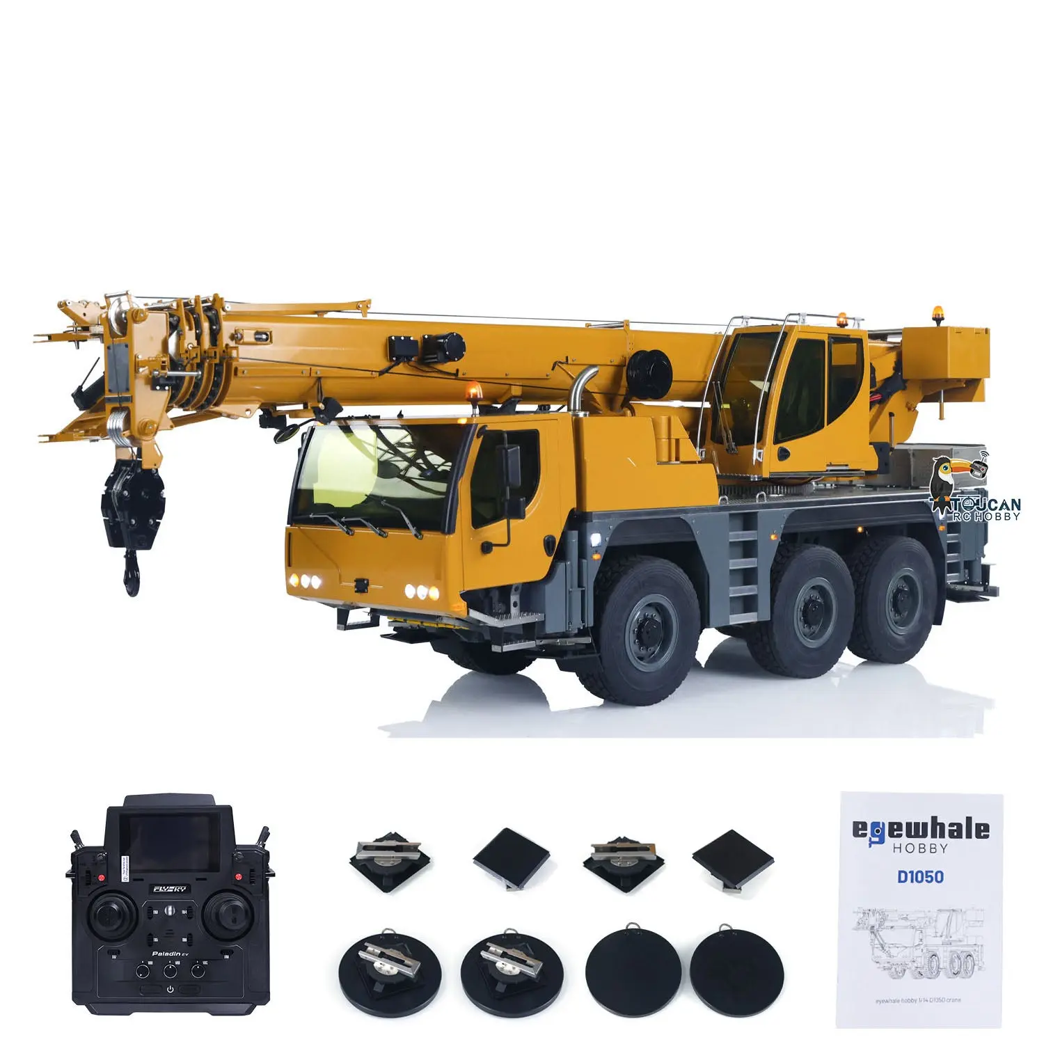 Eyewhale 1/14 Metal RC Mobile Crane Truck D1050 Hydraulic All Terrain Vehicle 3Axles Radio Control Hoist Model Sound Light Paladin PL18EV Motor Servo ESC
