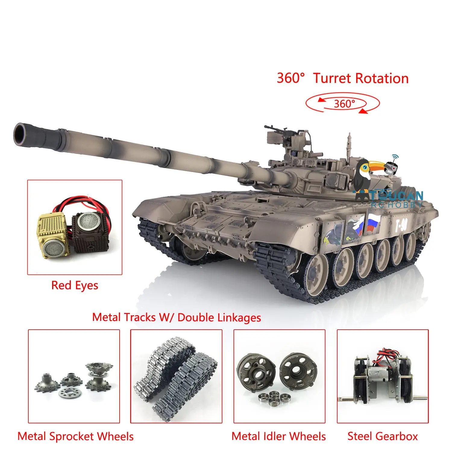 Henglong 2.4Ghz 1:16 7.0 Russian T90 RTR RC Tank 3938 Model W/ 360Degrees Turret Red Eyes Metal Tracks Linkages Idlers Sprockets